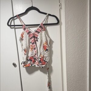 Crave Fame White Floral V-Neck Tie-Waist Cami with Pink and Orange Blooms